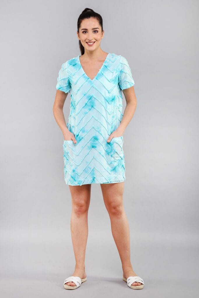 CLASSIC SHIFT Aqua Tie - Dye Chevron Embroidered Short Dress