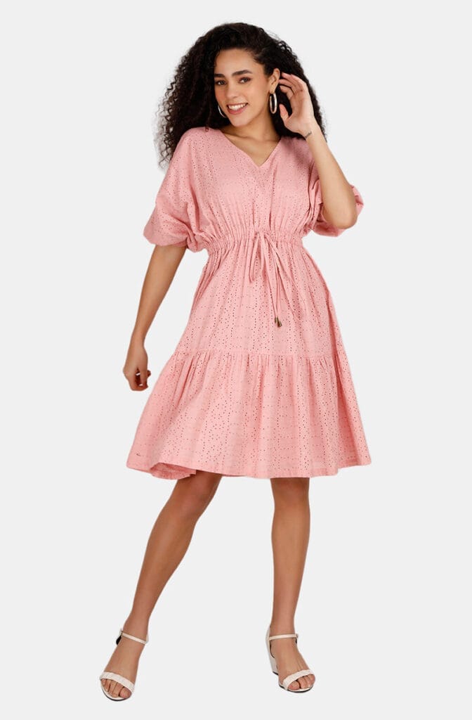 Boho Rose Pink Eyelet Embroidery Dress