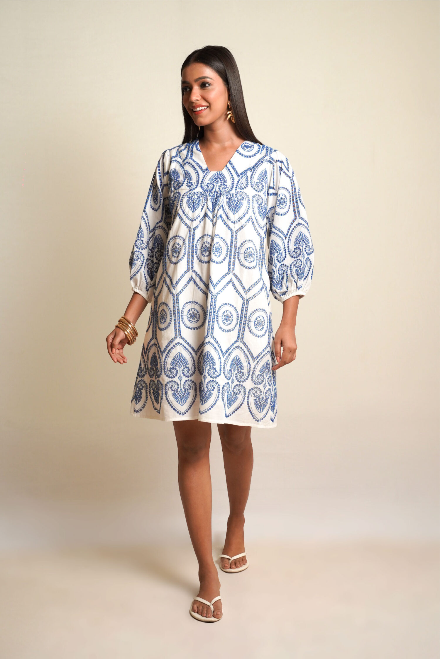 SUMMER SHIFT Blue Pottery Embroidered Dress