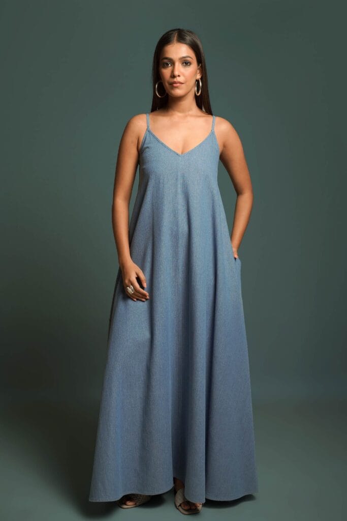 MAYA Medium Blue Denim Maxi Dress
